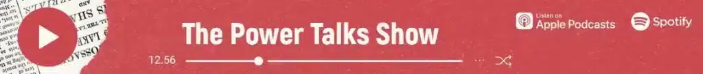 Banner for the "Power Talks Podcast by Life is Positive." The background is red with a play button icon and text that says "The Power Talks Show." Icons for Apple Podcasts and Spotify are displayed on the right. A white progress bar shows playback at 12:55 minutes.