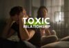 A couple experiencing distress, with the phrase "poisonous relationship" prominently displayed, hinting at emotional turmoil and a problematic dynamic between the two individuals.