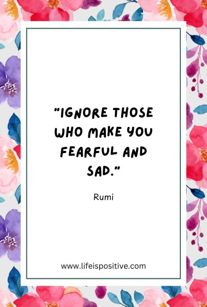 A floral border frames a quote by Rumi in the center. It reads, "Ignore those who make you fearful and sad." The background features vibrant, colorful flowers in shades of red, pink, purple, and blue, reminding viewers to rise above negativity. At the bottom, a website URL, "www.lifeispositive.com," is displayed.