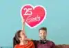 A smiling couple celebrating a milestone of 25 goals achieved together in their relationship, with the man playfully holding up a heart-shaped sign indicating their accomplishment and love.