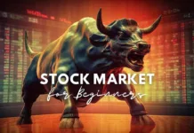 Bull market concept - an imposing bull statue stands before a vibrant stock market display with the text 'Stock Market For Beginners' signaling optimism and growth in investing.