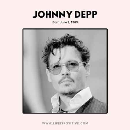 An elegant individual Johny Depp with a thoughtful gaze, wearing glasses and with tousled hair, set against a minimalist background adorned with unspecific Johnny Depp quotes.