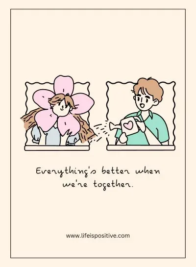 A comforting illustration of relationship goals, showcasing a person sitting on a bed knitting, with a content cat beside them nestled in pillows, under the sentiment "everything's better when we're together.