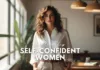 A self-confident woman in a bright, sunlit room exudes self-confidence, embodying empowerment and elegance.