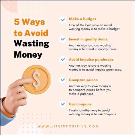 A hand holding a coin with a dollar sign, alongside a list titled "5 Ways To Build Wealth," offering practical financial tips such as making a budget, investing in quality items, avoiding impulse purchases,