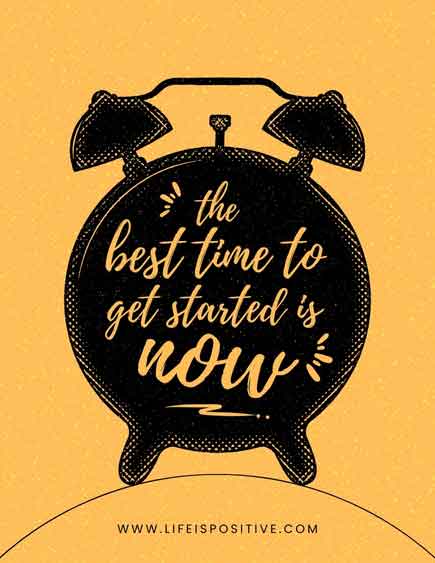 An old-fashioned black alarm clock with the motivational quote "the best time for professional growth and leadership is now" displayed on the face, set against a warm yellow background, followed by the website "www