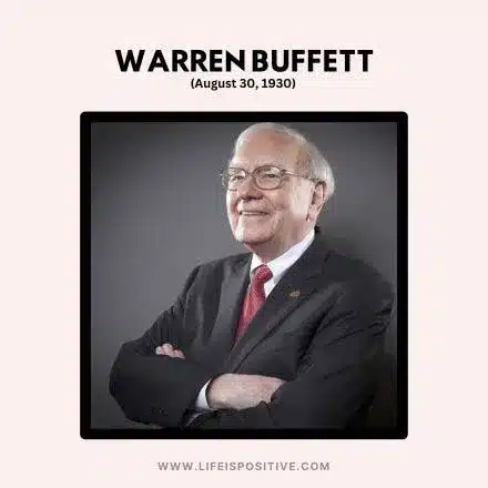 Portrait of a Warren buffet smiling, with his arms crossed, against a dark background with text overlay indicating name and date of birth.