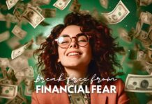 A joyful woman with curly hair and glasses smiles widely, surrounded by falling dollar bills, with the text "overcome financial anxiety" overlaid in white.