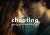 A close-up of a couple in an intimate moment, with their faces very close to each other. The words "cheating personality types" are written across the image in bold and cursive fonts, suggesting a theme of infidelity or complex relationship dynamics.