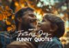 A bearded man and a young boy share a joyful moment outdoors surrounded by autumn foliage. Both are smiling and looking at each other. Text overlay reads, "Happy Father's Day Funny Quotes." The warm lighting enhances the intimate and heartwarming scene.