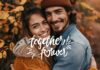 A smiling couple embraces in a warm, autumn setting with colorful fall leaves in the background. Both are wearing cozy, knitted clothing that reflect their unique personality traits. The words "together forever" are written in a playful white font across the image.