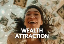 A joyful woman with closed eyes and a wide smile is surrounded by floating U.S. dollar bills. The words "Law Of Wealth Attraction" are prominently displayed across the bottom of the image. The scene conveys a sense of happiness, abundance, and financial prosperity.