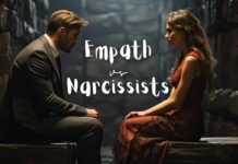 A man and woman, dressed in formal attire, sit facing each other in a dimly lit room with serious expressions. Text in the middle reads "Why Do Empaths Attract Narcissists?" The scene suggests a confrontation or intense conversation.