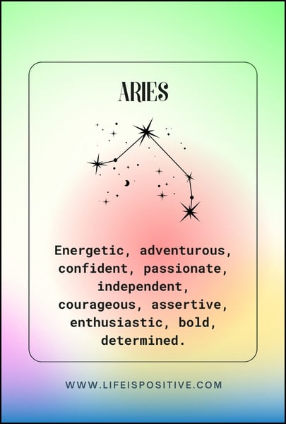 An aries-zodiac-personality infographic features the Aries constellation against a green gradient with pink and yellow hues. Text highlights Aries traits: "Energetic, adventurous, confident, passionate, independent, courageous, assertive, enthusiastic, bold, determined.