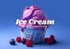 A scoop of purple ice cream sits in a white waffle-patterned bowl against a blue background. Fresh blueberries and raspberries are scattered around the bowl. Text across the image reads "Favorite Ice Cream Flavor Personality.