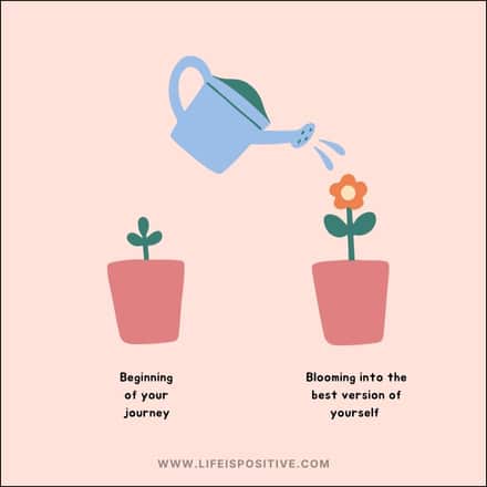 Illustration of two red flower pots. The left pot has a small green sprout, labeled "Beginning of your journey." A blue watering can is pouring water on the sprout. The right pot has a blooming orange flower, labeled "Blooming into the best version of yourself," reminding us that self-care-saying.www.lifeispositive.com is at the bottom.