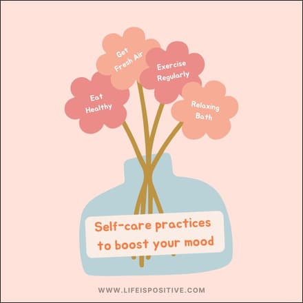 An illustration of a blue vase with five pink and red flowers, each labeled with a self-care practice: "Eat Healthy," "Get Fresh Air," "Exercise Regularly," "Relaxing Bath." Below the flowers, the text reads, "Self-care-tips to boost your mood." The background is light pink.