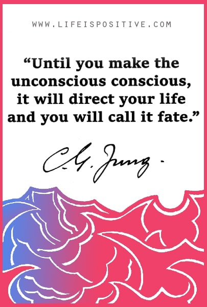 A motivational quote by C.G. Jung is centered on a white background. It reads, "Until you make the unconscious conscious, it will direct your life and you will call it fate." The top and bottom edges feature colorful, abstract wavy patterns in shades of blue, purple, and pink, resembling portals-into-the-Unmanifested.