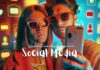 A woman and a man wearing sunglasses take a selfie, surrounded by colorful social media notification icons against a blue background. Overlaid text reads, "relationship on Social Media." Both characters are in casual attire, with the woman in a red jacket, sharing their moment online.