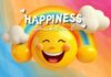 An illustration featuring a joyful yellow emoji with closed eyes and a wide smile, adorned with rosy cheeks. The emoji is crowned with a vibrant rainbow, flanked by fluffy white clouds. The background is a gradient of pastel colors, and the text "Happiness cocktail" is seamlessly integrated into the scene.