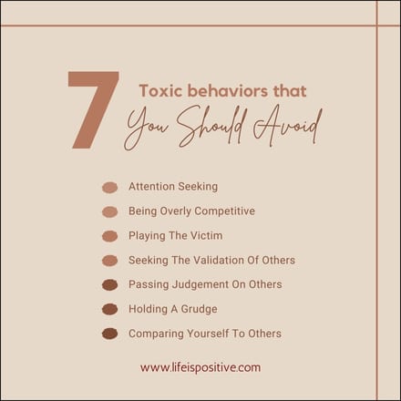 The image lists "7 Toxic behaviors that you should avoid in a toxic-relationship" with a minimalistic design and beige background. The listed behaviors are: Attention Seeking, Being Overly Competitive, Playing The Victim, Seeking The Validation Of Others, Passing Judgement On Others, Holding A Grudge, Comparing Yourself To Others. The bottom text displays the website www.lifeispositive.com.