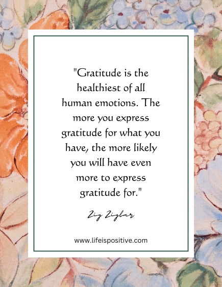 A white text box featuring a gratitude quote from Zig Ziglar is centered in the image, set against a floral, multicolored background. The quote reads: "Gratitude is the healthiest of all human emotions. The more you express gratitude for what you have, the more likely you will have even more to express gratitude for.