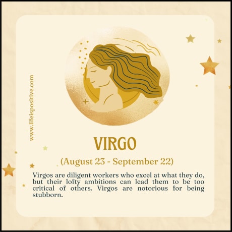 Image featuring a stylized representation of the Virgo zodiac sign. A woman's profile is depicted with flowing hair, framed within a golden circle adorned with stars. Text reads "VIRGO (August 23 - September 22)" followed by a description of September born people, highlighting their diligence, ambition, and stubbornness.