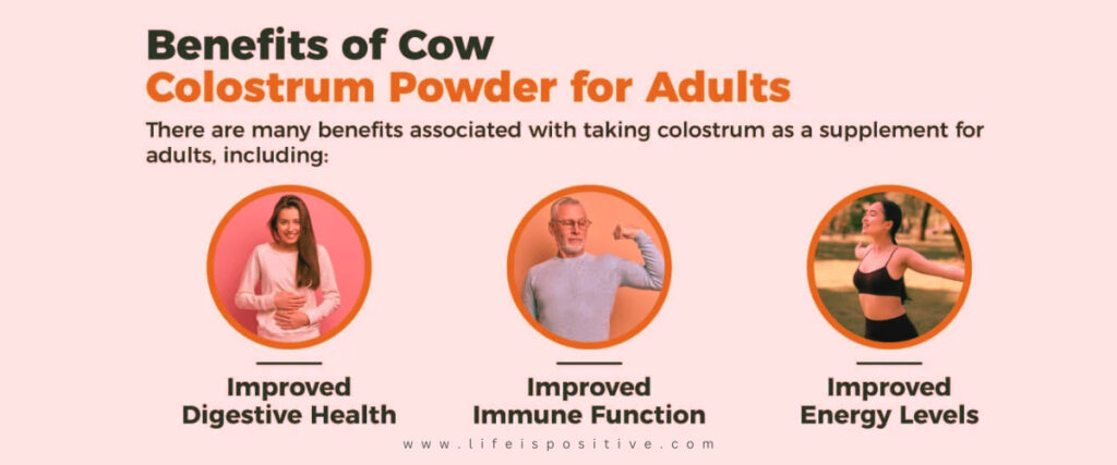 Infographic titled "Benefits of Cow Colostrum Powder for Adults." Discover colostrum benefits: boost immunity with improved immune function, enhance gut health for better digestive wellness, and increase energy levels. Visit www.lifeispositive.com.