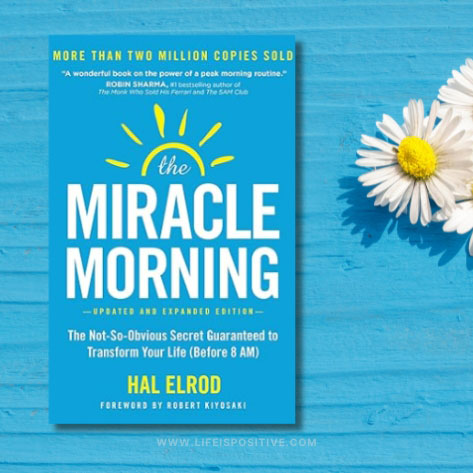 Cover of "The Miracle Morning" book by Hal Elrod, featuring a light blue background with sun rays shining above the title. A daisy is placed beside this miracle-morning guide. Text highlights over two million copies sold, with praise quoted from Robin Sharma.