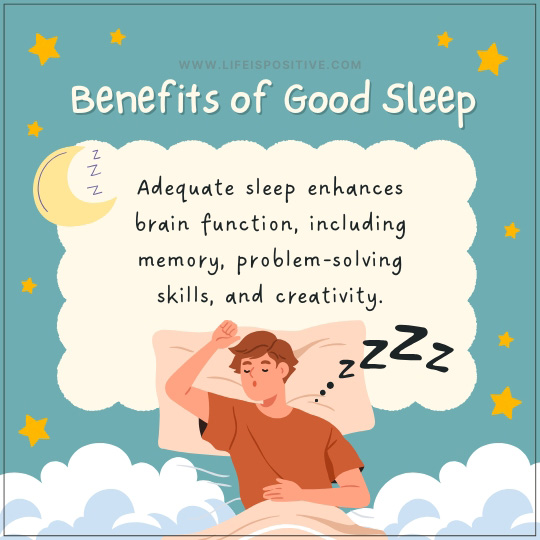 Illustration of a person sleeping peacefully on a cloud with stars and a crescent moon. A thought bubble reads: "Adequate sleep enhances brain function, including memory, problem-solving skills, and creativity—key benefits of good sleep." The teal background features playful elements.