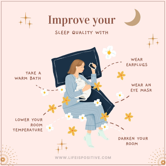 Illustration of a person in pajamas holding a phone, lying on a pillow with a sleeping cat. Surrounded by tips to improve-your-sleep-quality: take a warm bath, wear earplugs, use an eye mask, lower room temperature, darken your room. Floral accents and a crescent moon decorate the scene.