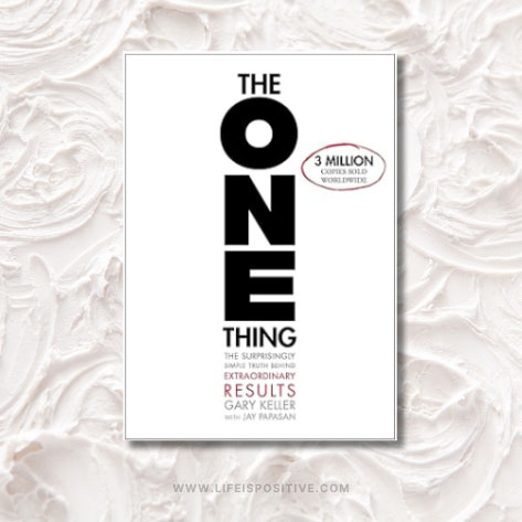 The image showcases the book cover of "The One Thing" by Gary Keller with Jay Papasan. Bold black text vertically displays the title on a textured, swirled white background. A circular label indicates "3 Million Copies Sold Worldwide," underscoring the success of this impactful guide, "the-one-thing.