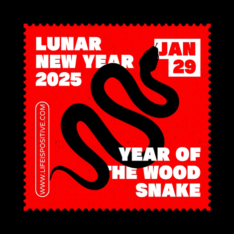 Red background stamp featuring a black snake. Text reads "Lunar New Year 2025," "Jan 29," and "Year of the Wood Snake." A red vertical stripe on the left contains "www.lifespositive.com." The design captures the bold and graphic essence of the year-of-snake-2025-chinese-zodiac-wood-snake.